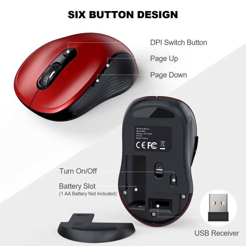 WisFox 2.4G Wireless Mouse for Laptop, Ergonomic Computer Mouse with USB Receiver and Type-C Adapter, 6 Button Cordless Mouse Wireless Mice for Windows Mac PC Notebook (Red) - Image 5